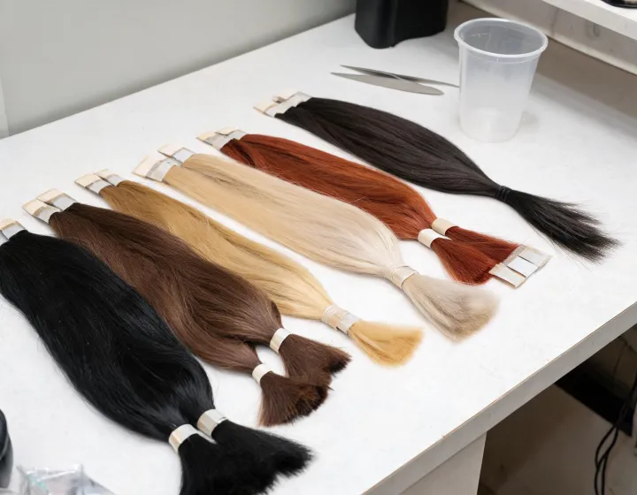 wholesale tape in hair extensions on a cosmetics bench, illustration only